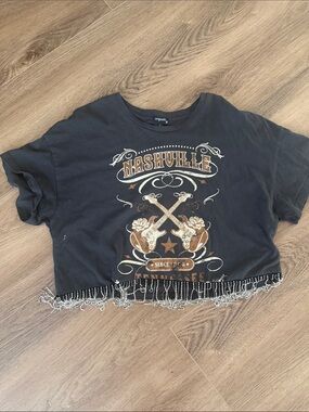 Nashville Graphic Crop Top - Black with Beaded Fringe